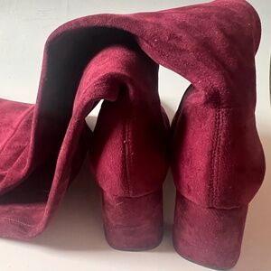 Jeffrey Campbell Burgundy Thigh High Boots Faux Suede Block Heel Over Knee Size